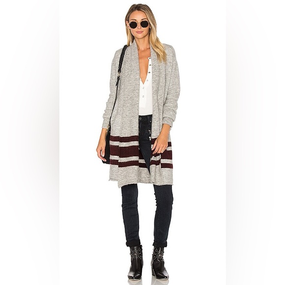 PAIGE Maison Cardigan Grey & Cabernet Stripe Open Front Alpaca Duster Sweater M - Picture 16 of 16